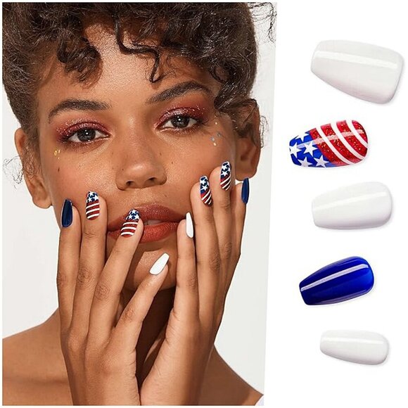 Kiss Press on 4th of July Acrylic Nails Stars Flag Medium Length Almond Shape - Picture 1 of 8